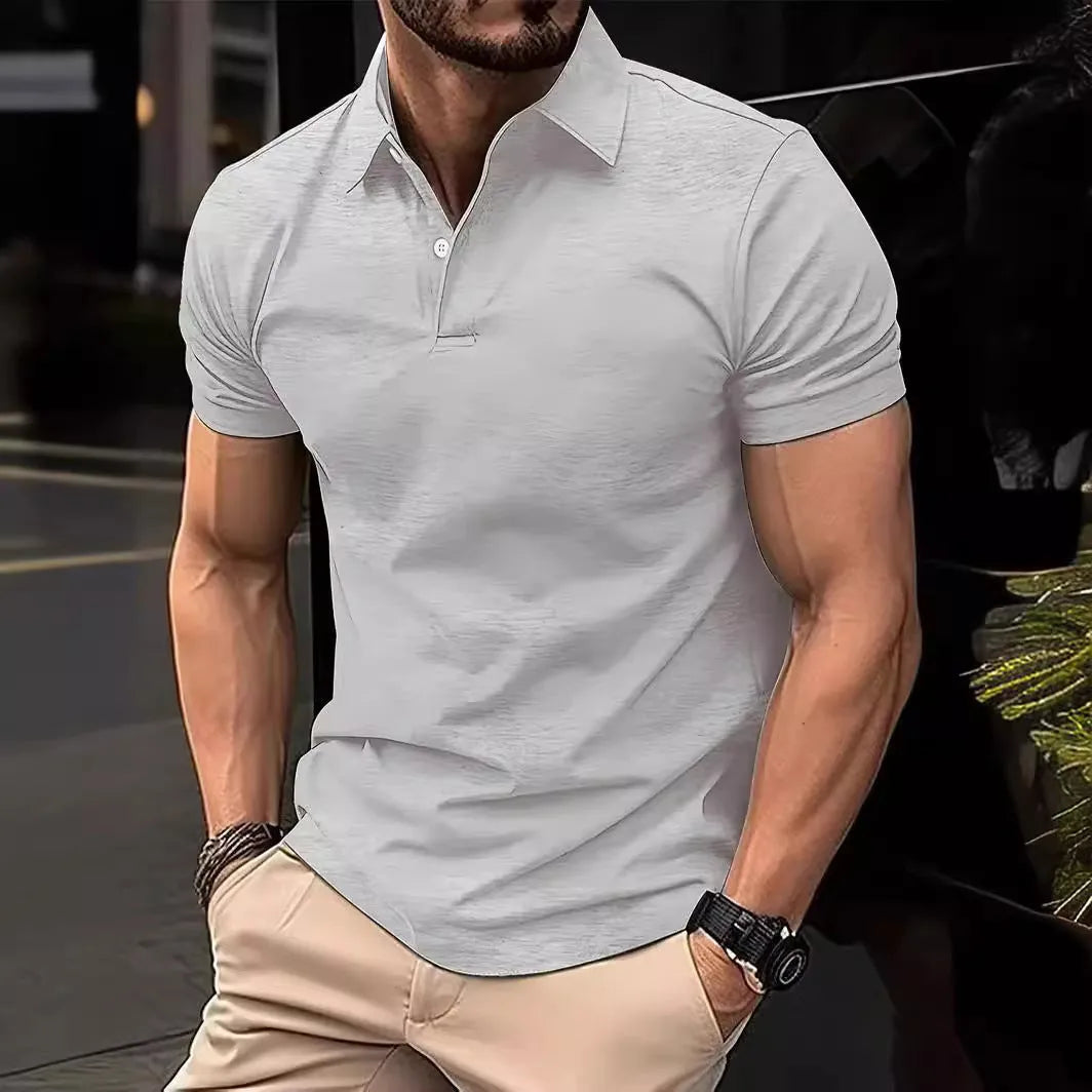 Men's solid colour slim fit short sleeve casual shirt with button front in cotton polyester blend fabric
