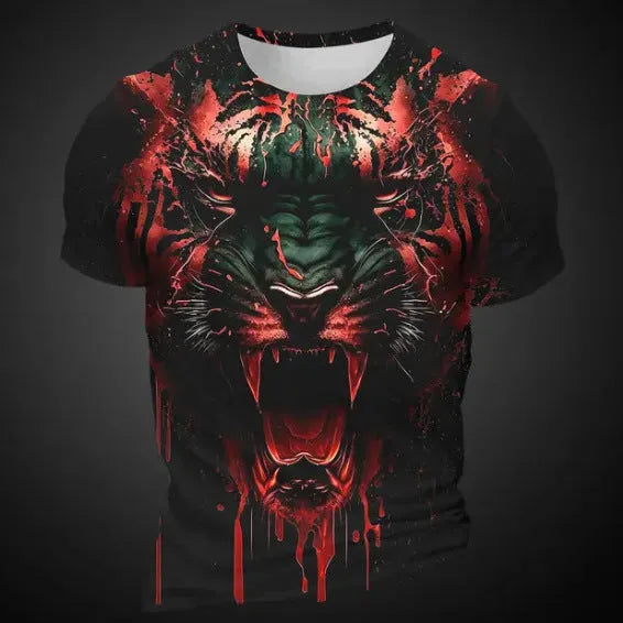 Men's short sleeve T-shirt with 3D tiger pattern in digital printing on polyester bird eye cloth