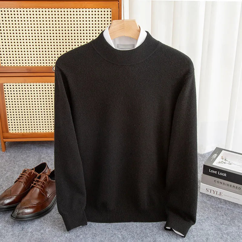 Men's half-collar loose fit wool sweater in a choice of colours including black, brown, and grey.