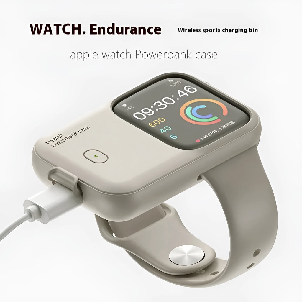 Apple Watch portable wireless charging power bank with silicone case in brown, midnight blue, or starlight colours