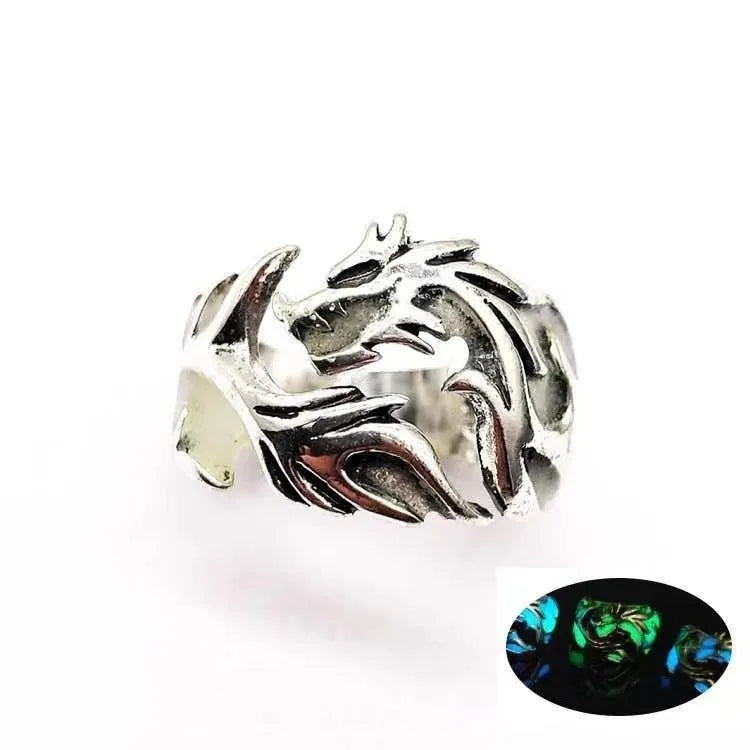 Adjustable Chinese dragon pattern ring with antique silver blue and green electroplated finish
