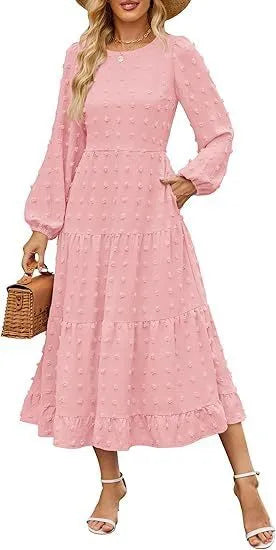 Women's autumn long sleeve dress with high waist and ruffled sleeves in solid colour