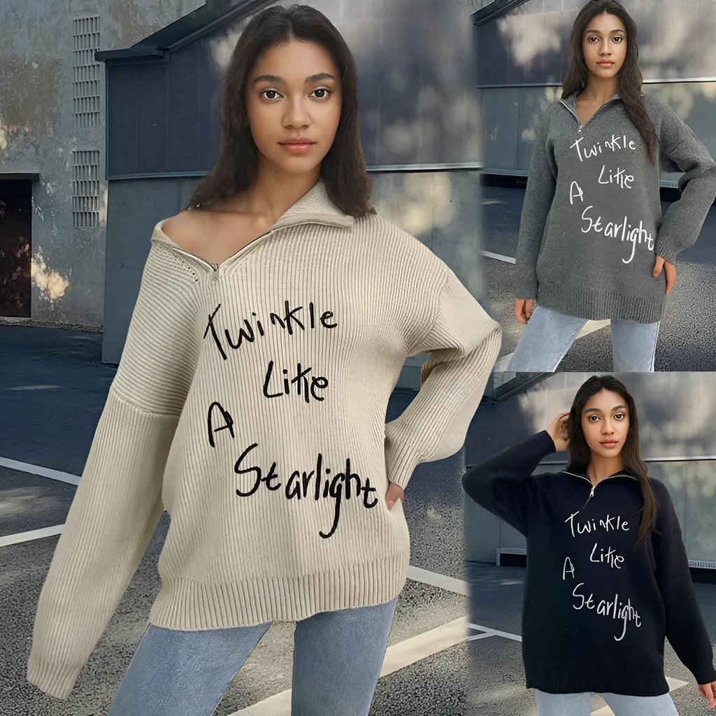 Women's retro alpaca wool pullover sweater with oblique zipper and text pattern in light khaki