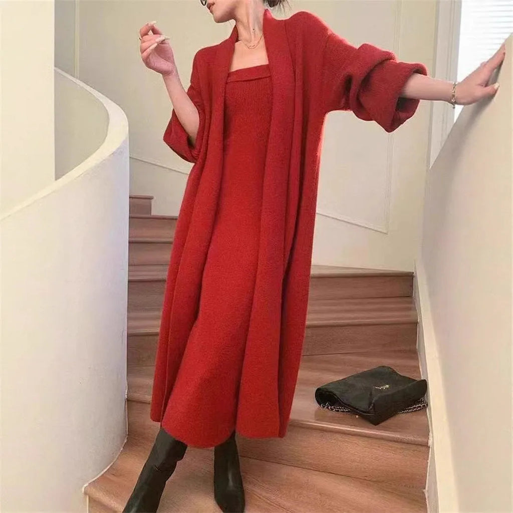 Women's grey knitted cardigan and long skirt dress two-piece suit set