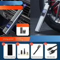 Wireless digital display car air pump and vacuum cleaner with LED light, showing included nozzles and storage bag.