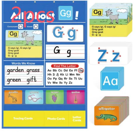 Large blue alphabet learning chart mat with word cards, letter cards, and picture cards for children's education