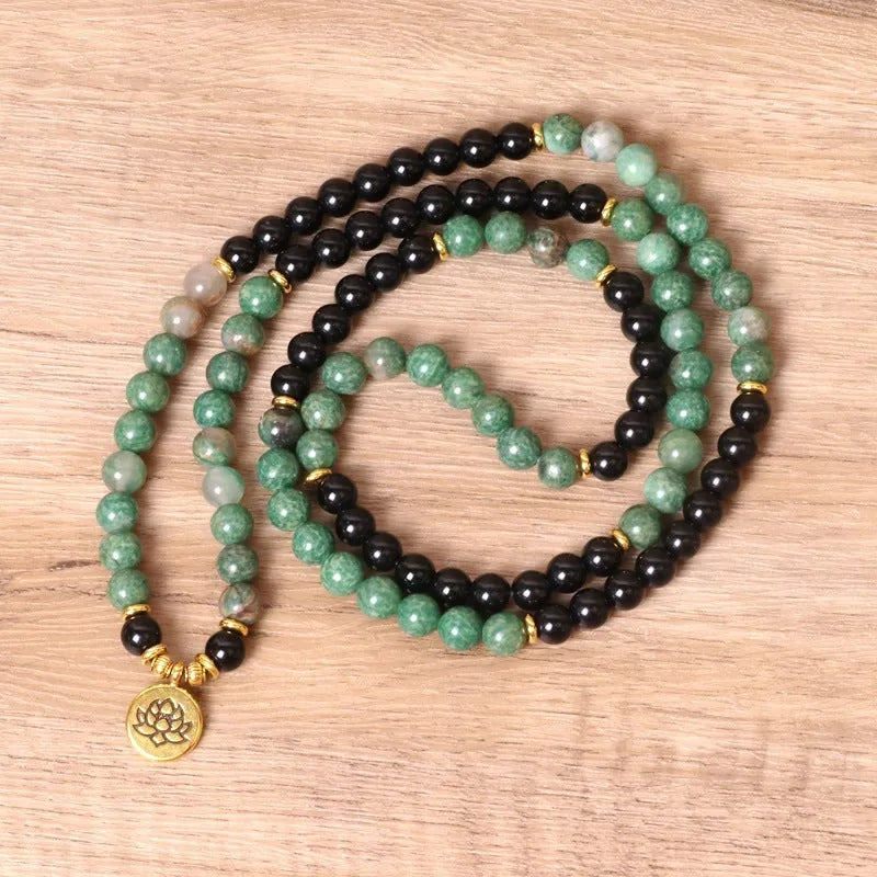Green and black elastic beaded long bracelet made from alloy in natural style