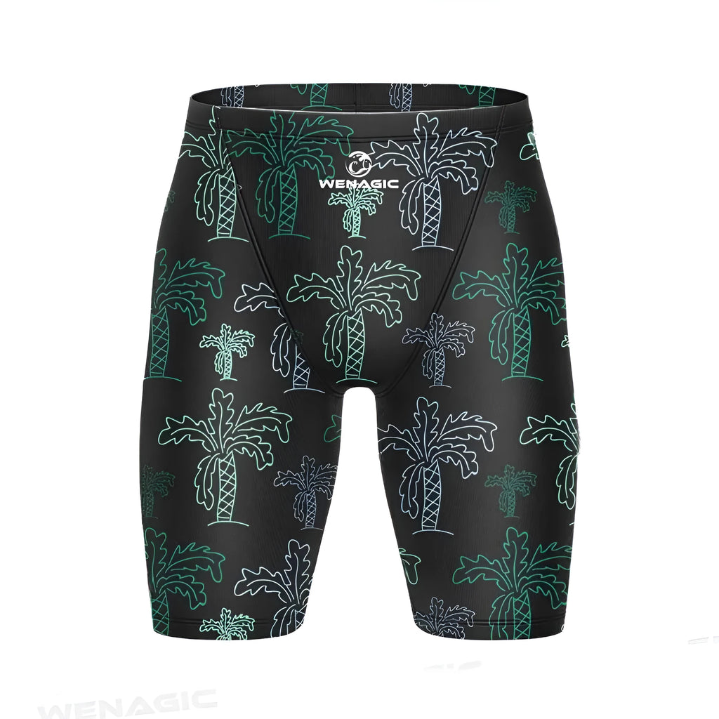 Men's solid colour Lycra blend briefs-style swimming trunks laid flat, showing size range from XS to 5XL.