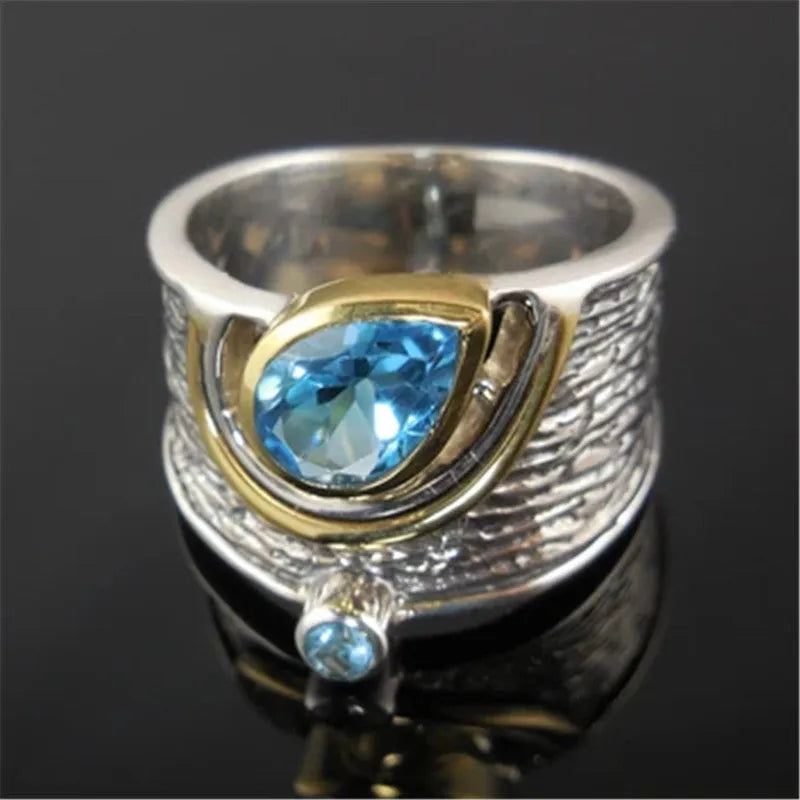 Women's blue Chinese style alloy ring with zircon rhinestones in drop shape design, showing size options 6-10