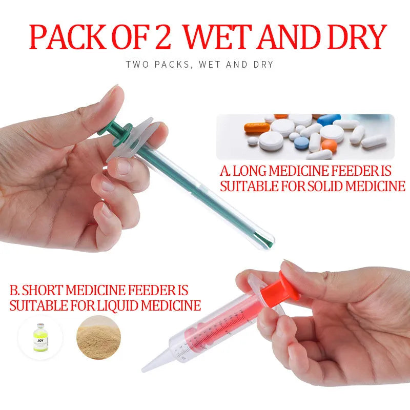 Two silicone pet pill shooter syringes with soft tips on a white background