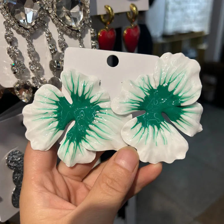 Alloy flower stud earrings with oil-spot glaze finish in blue, green, purple, and rose colour options