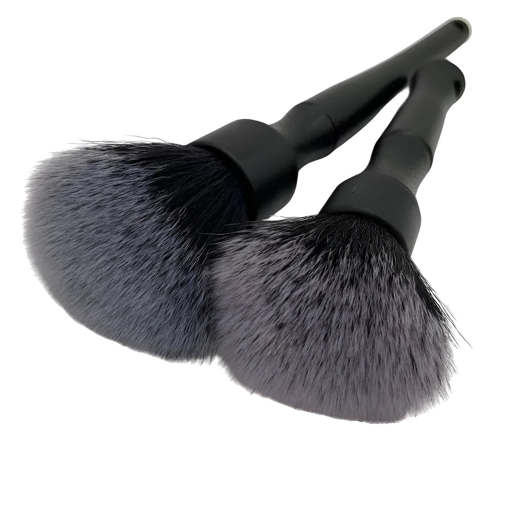 Black car detailing brush with ultra-soft pig hair bristles shown in two sizes: 240mm and 160mm length.