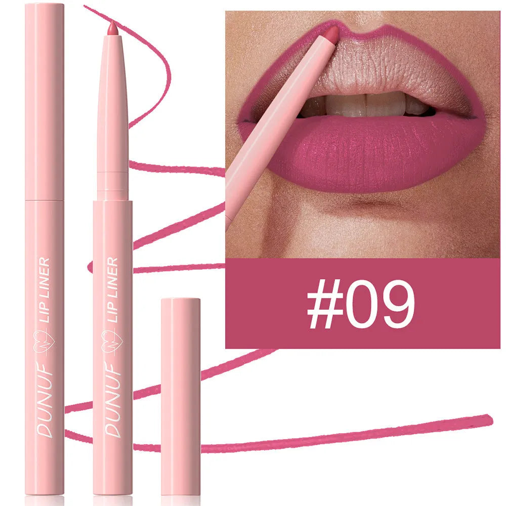 A Velvet Matte Lip Liner pencil shown alongside swatches of its twelve available colour shades.