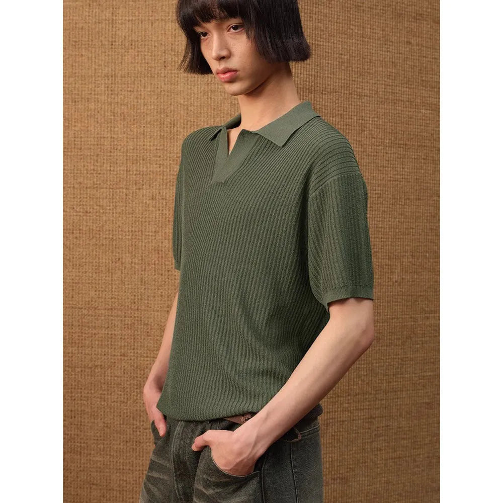 Men's striped collar polo shirt in ice silk fabric available in creamy white, black, and grey colours