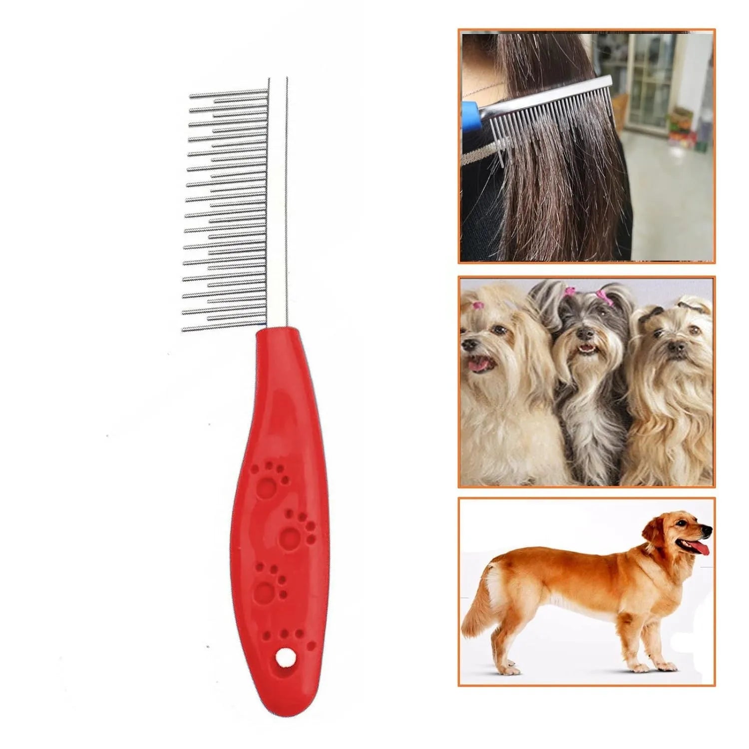 Red pet grooming comb with mixed short and long stainless steel pins and a plastic handle.