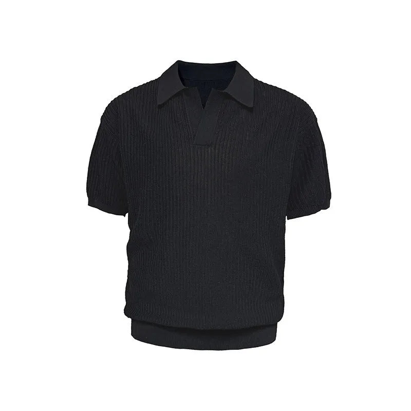 Men's striped collar polo shirt in ice silk fabric available in creamy white, black, and grey colours