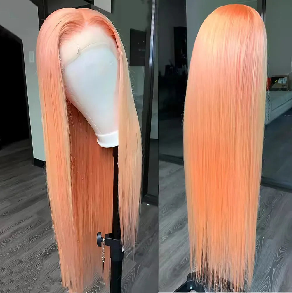 Light orange long straight synthetic wig with front lace and side bangs on display