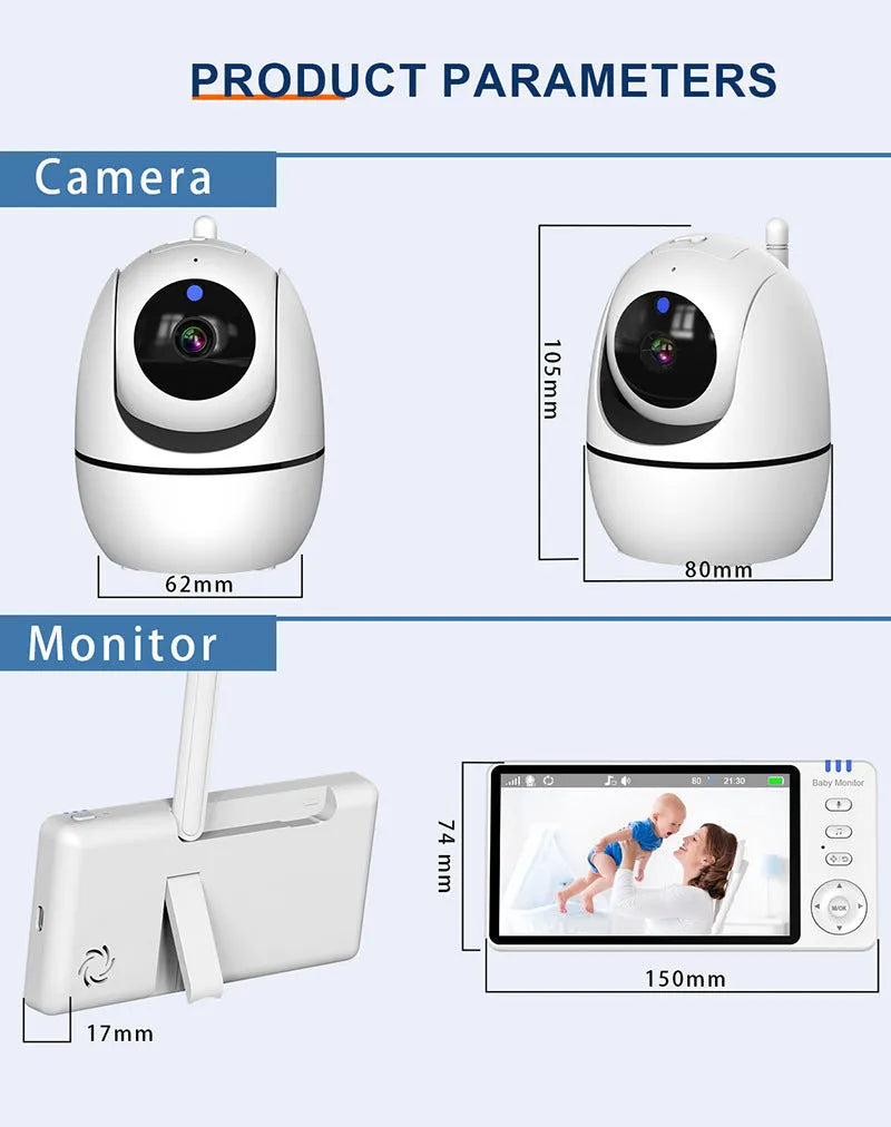White wireless baby monitor with 5-inch screen showing baby room temperature display