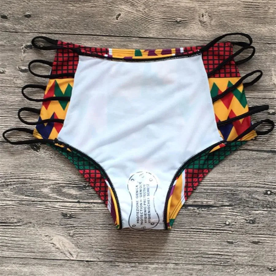 Women's digital print split bikini swimsuit with high-waisted briefs and backless top