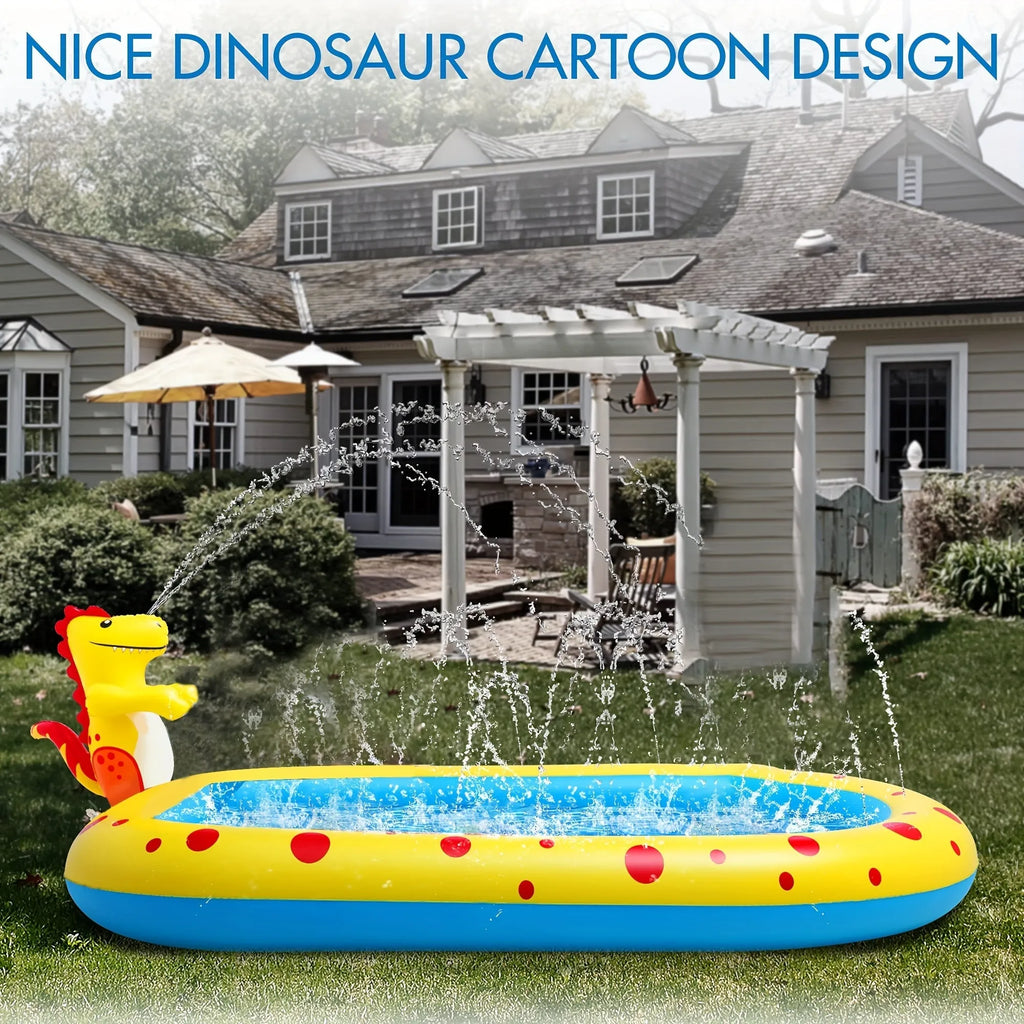 Dinosaur water spray inflatable pool with shark design play mat in blue colour