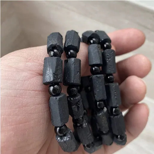 Natural black tourmaline rough stone bracelet with 9mm beads unisex design