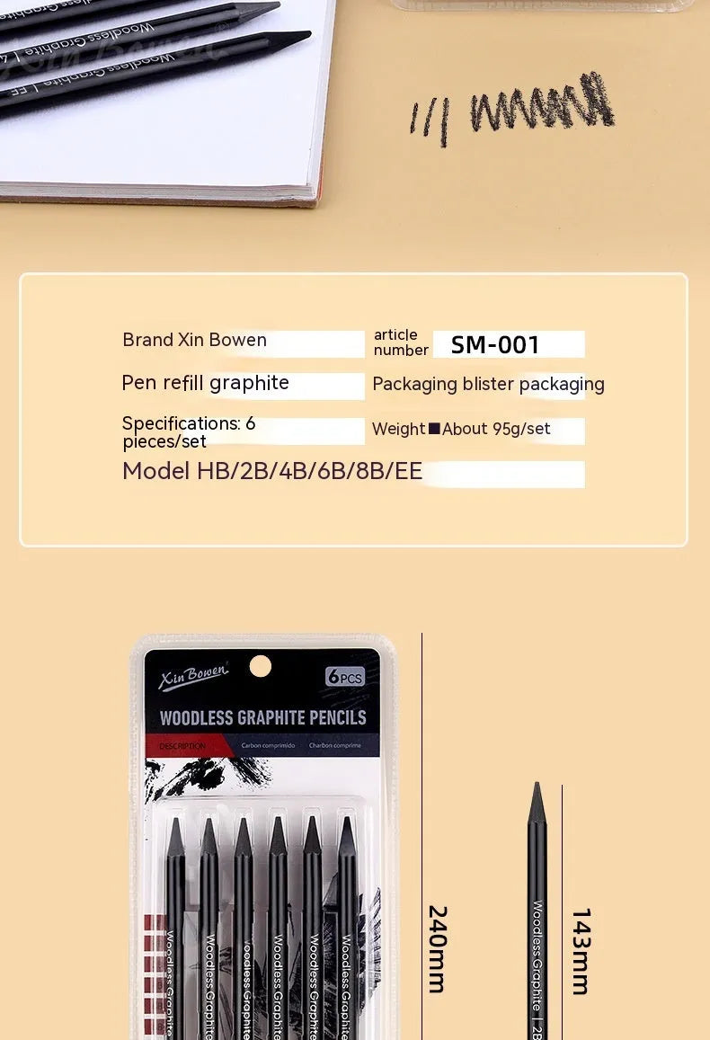 Set of six wood-free graphite sketching pencils showing HB, 2B, 4B, 6B, 8B and EE grades
