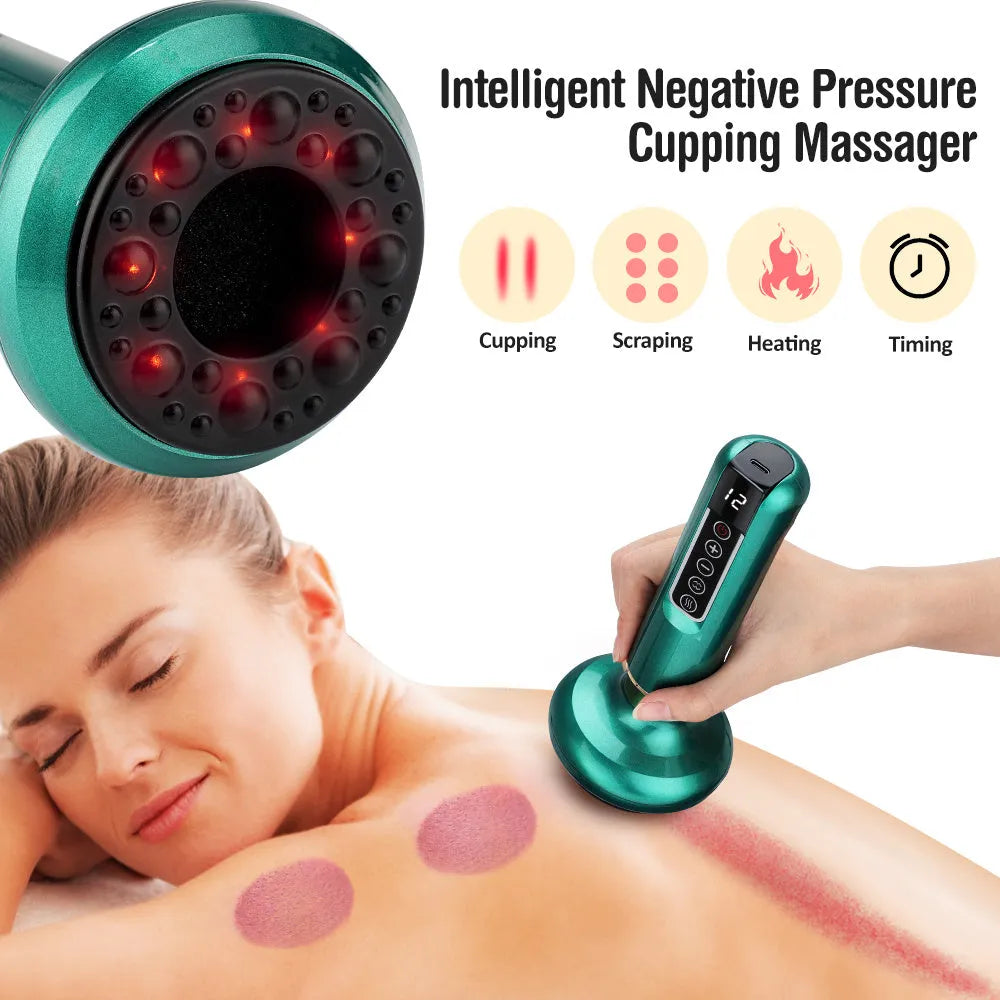 Green electric vacuum cupping massager with adjustable suction and infrared heating functions