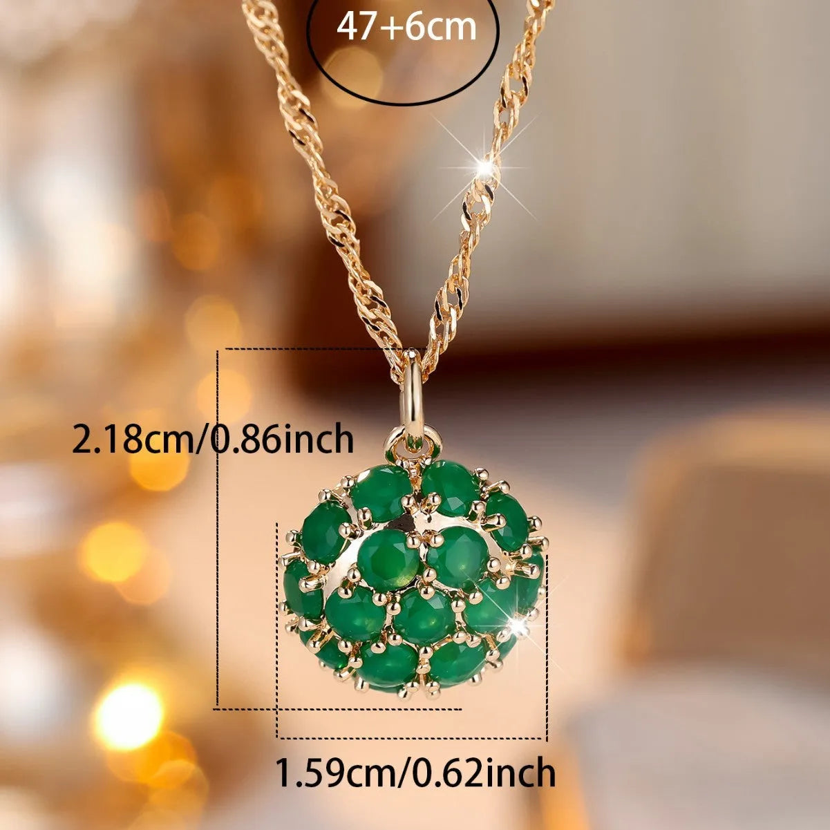 Champagne gold round emerald diamond pendant necklace on an adjustable 51-60cm copper chain.