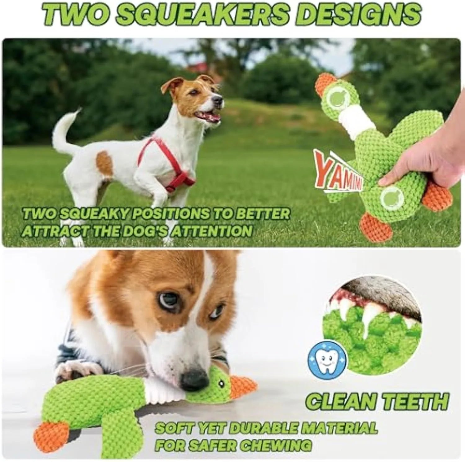Blue duck-shaped plush dog toy with dual squeakers measuring 33cm long