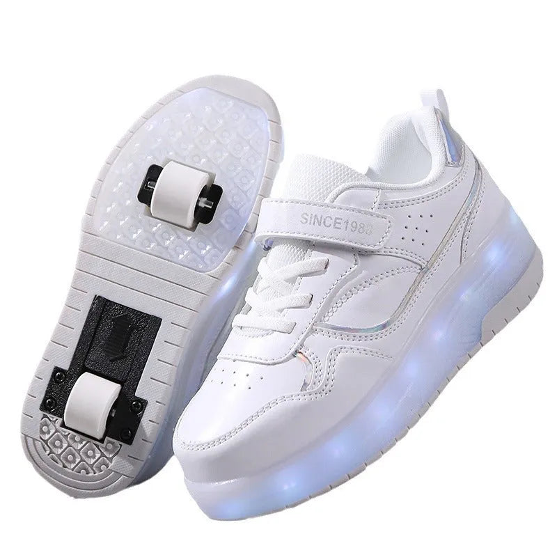 Kids charging flash rollerskates with LED lights in pink black white purple sizes 29-40