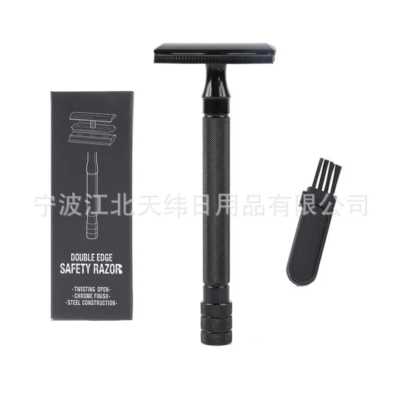 Old-fashioned manual pogonotomy scraping metal shaver with brush in black or silver