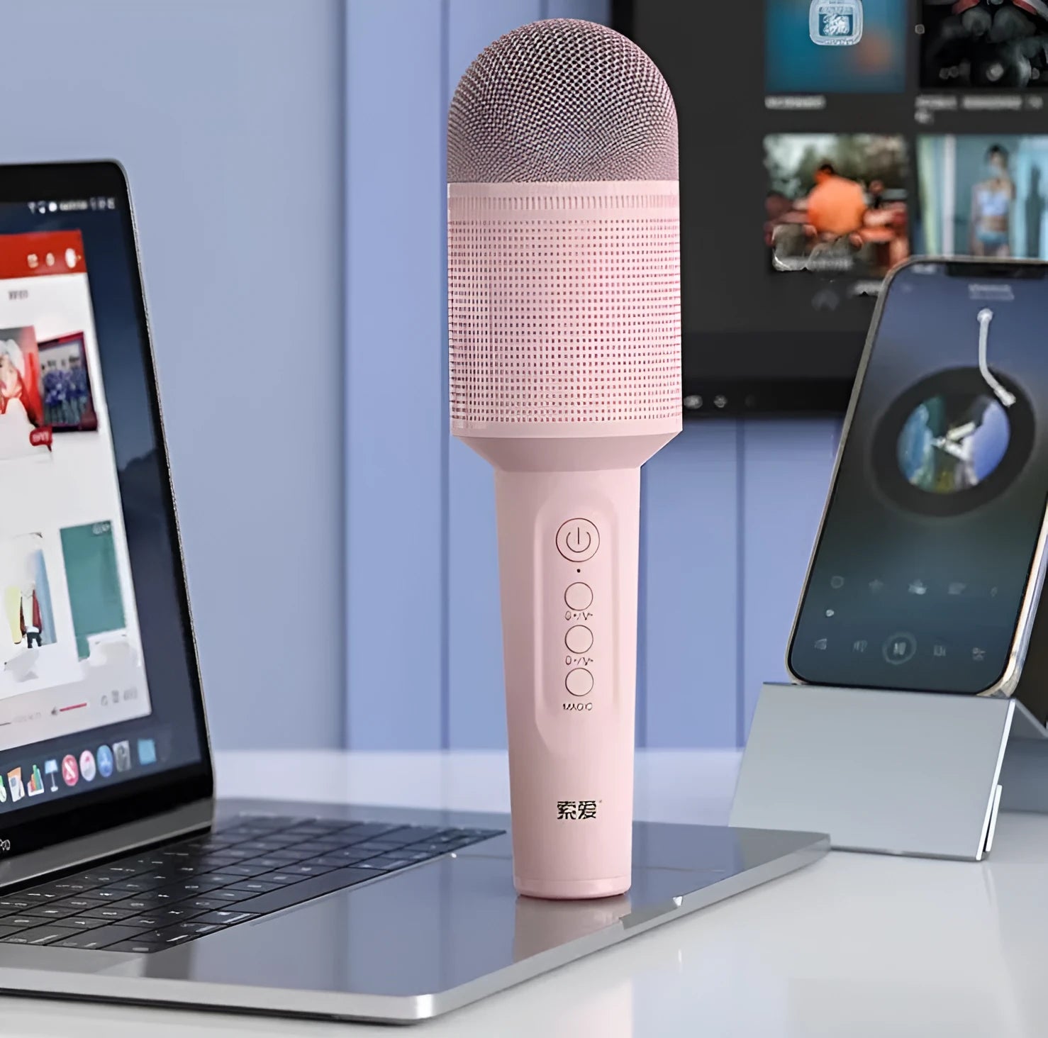 Wireless Bluetooth karaoke microphone in pink, blue, or green colour with USB port.