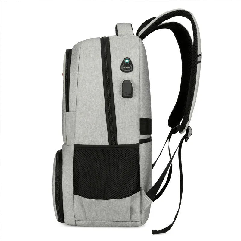 Oxford cloth insulated backpack shown in light grey, featuring curved shoulder straps and a pull-rod belt accessory.