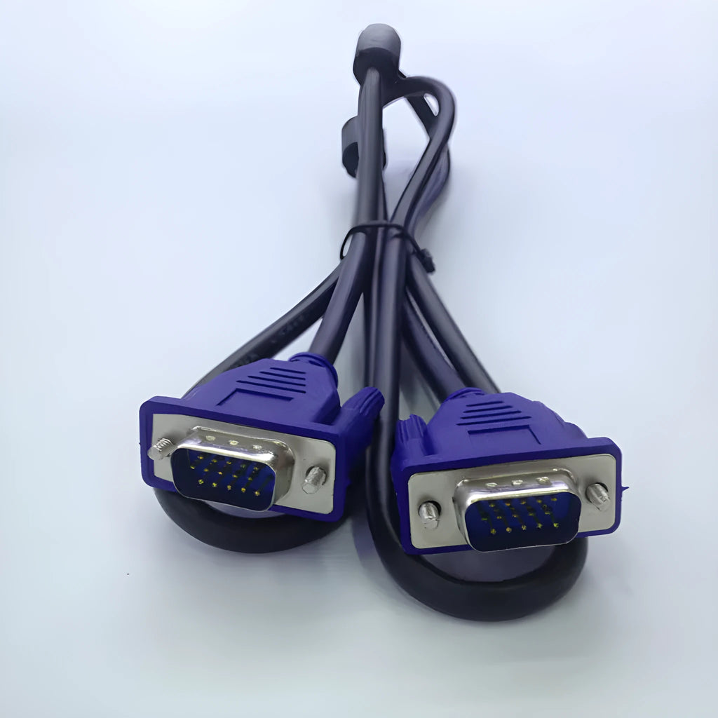 Black VGA video cable with blue connector heads and nickel-plated terminals, length 1.5m