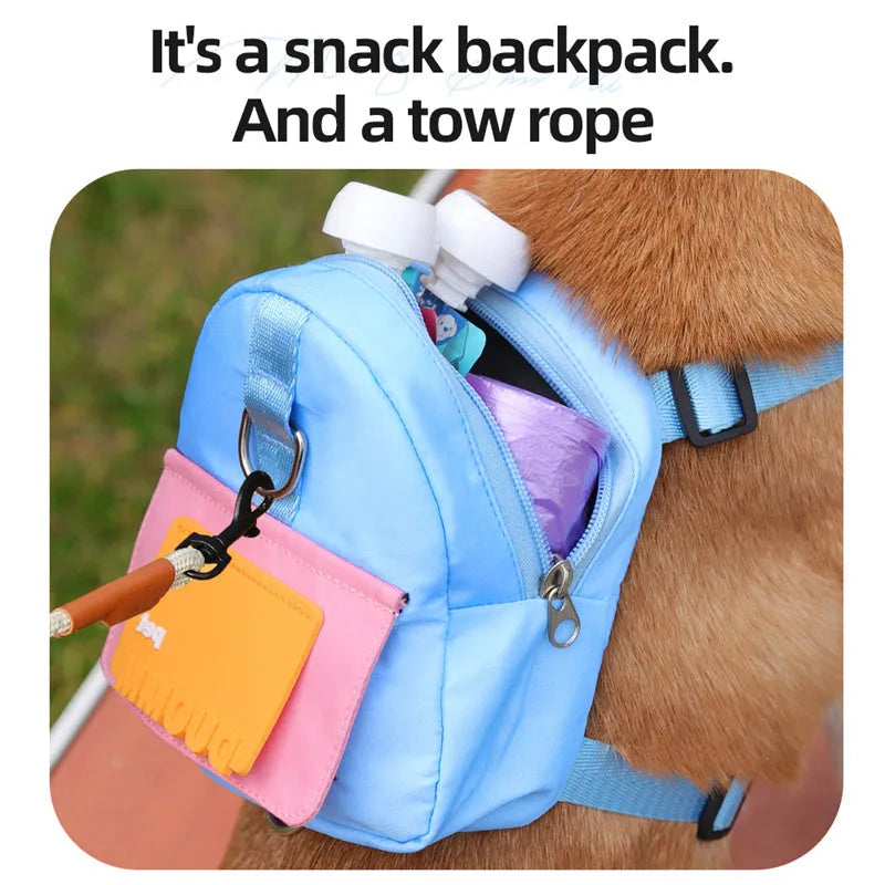 Adjustable dog backpack harness with storage pockets in blue colour featuring breathable mesh panels