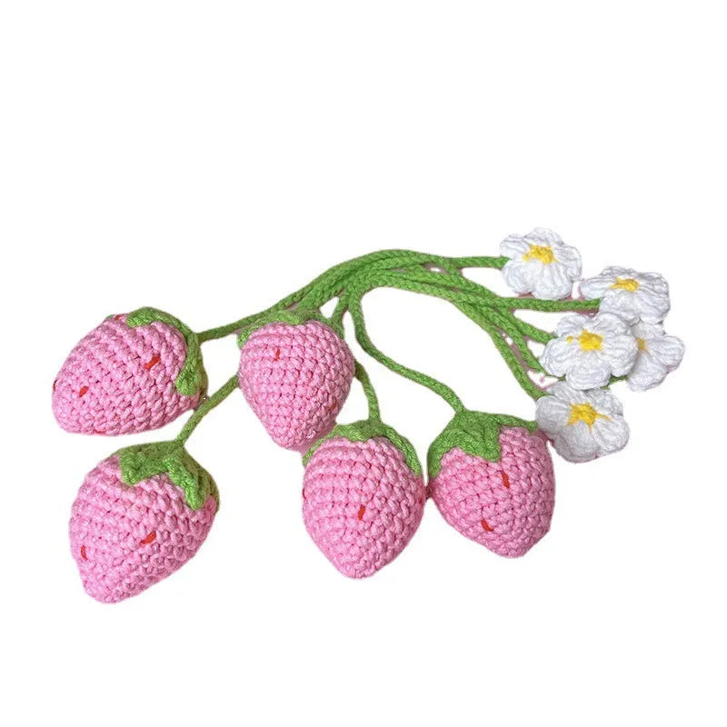 Wool crochet strawberry pendant with 35cm chain in red or pink woven design