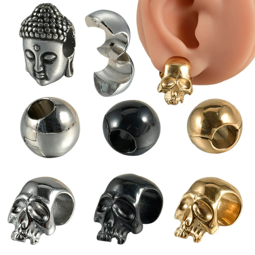 Stainless steel hollow skull Buddha earrings with geometric design and electroplated colour finishes
