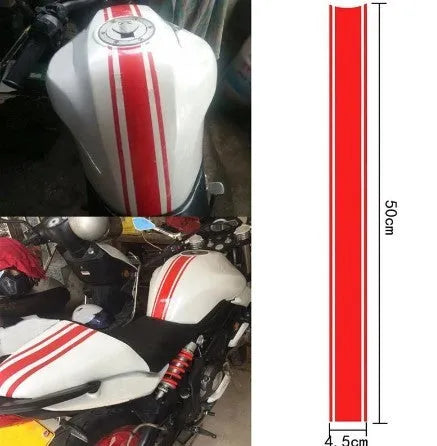 Motorcycle tank sticker with reflective pinstripes in 50x4.5cm PET material