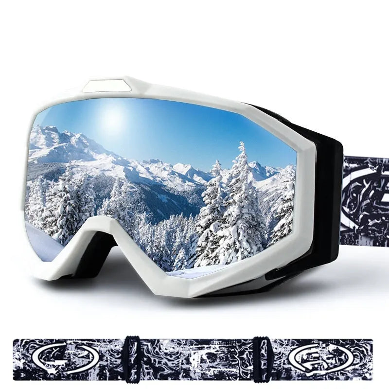 Motorcycle goggles with double-layer anti-fog lenses in a black frame with gray film, shown with its storage cloth bag.