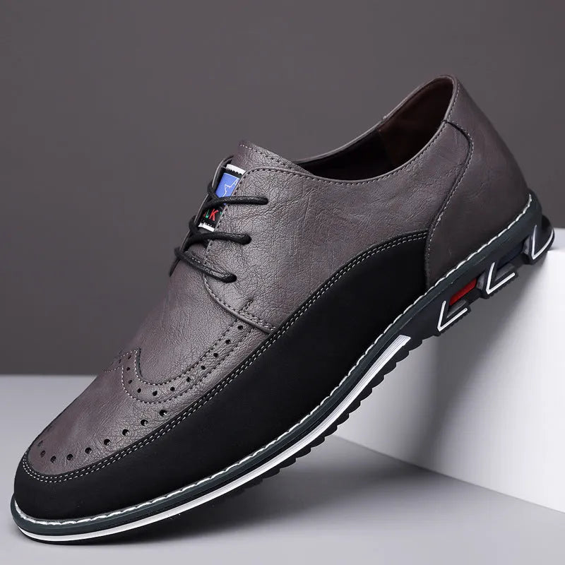 Men's low top leather casual shoe with rubber sole and leather toe cap in multiple colours.