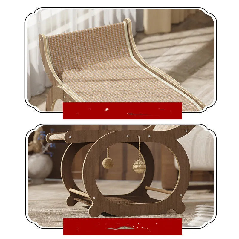 Solid wood cat scratching mat with sisal surface in walnut colour, designed as a recliner bed.