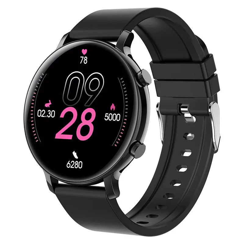 Black Bluetooth smartwatch with stainless steel strap showing call screen and health stats on 41mm face.