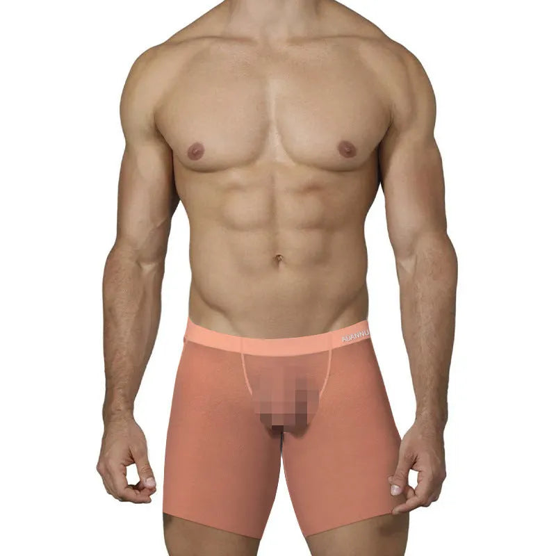 Men's solid colour ice silk boxers in low-waist design showing orange, pink and red options