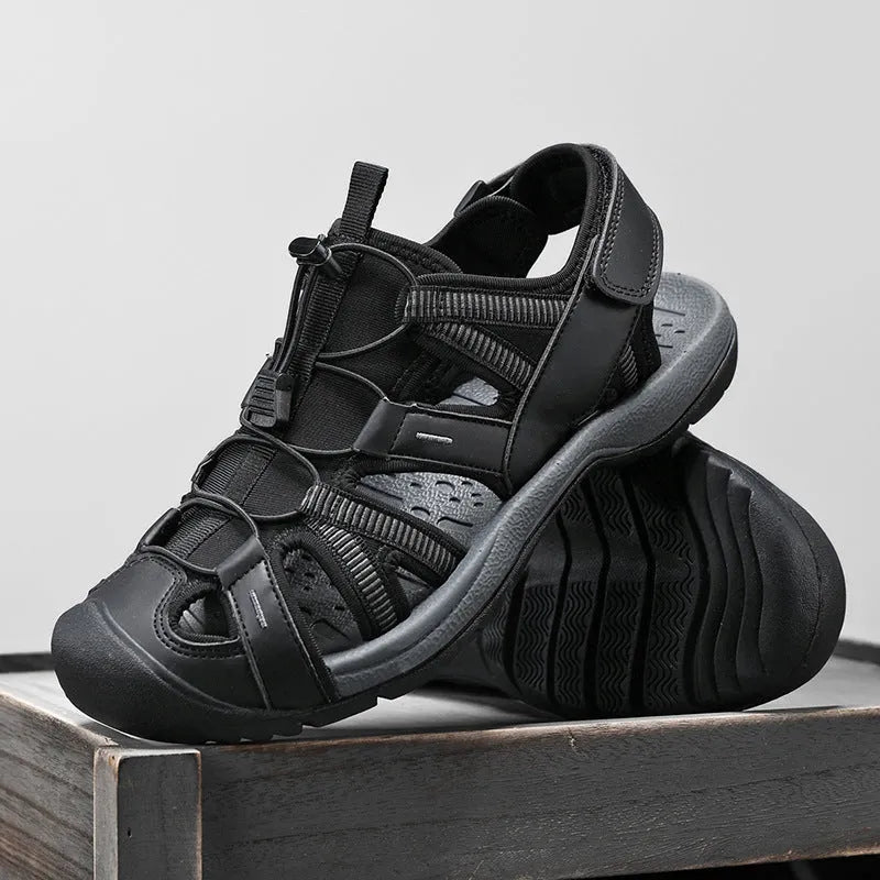 Men's blue casual sports shoe with Velcro straps and a breathable mesh upper on a rubber sole.