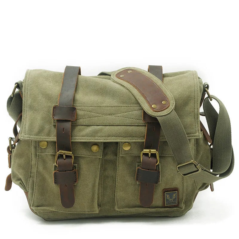 Men's Army Green canvas crossbody shoulder bag with cowhide details and a postman flap.