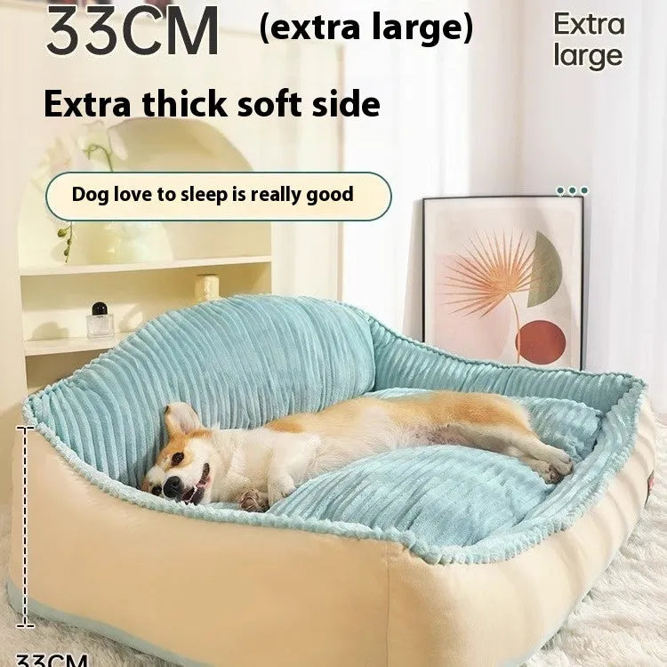 Morandi colour washable pet bed with kennel design on a sofa, shown in two sizes for dogs and cats.