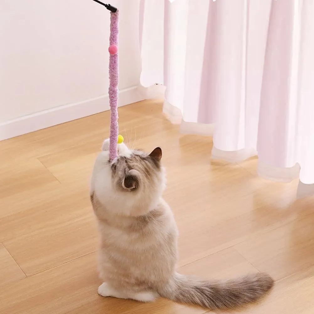 Blue cat wand toy with 41cm pole, 60cm plush strip, and colourful fluffy ball with bells