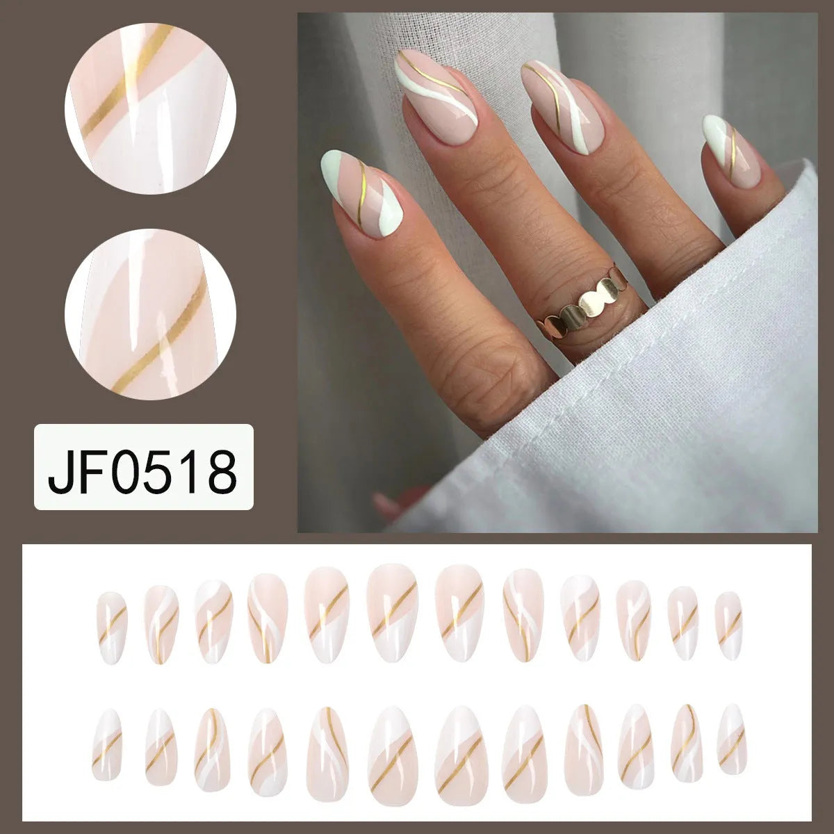 Golden Lines plaid pattern wearable nail stickers in JF0518 jelly glue colour, medium drop shape