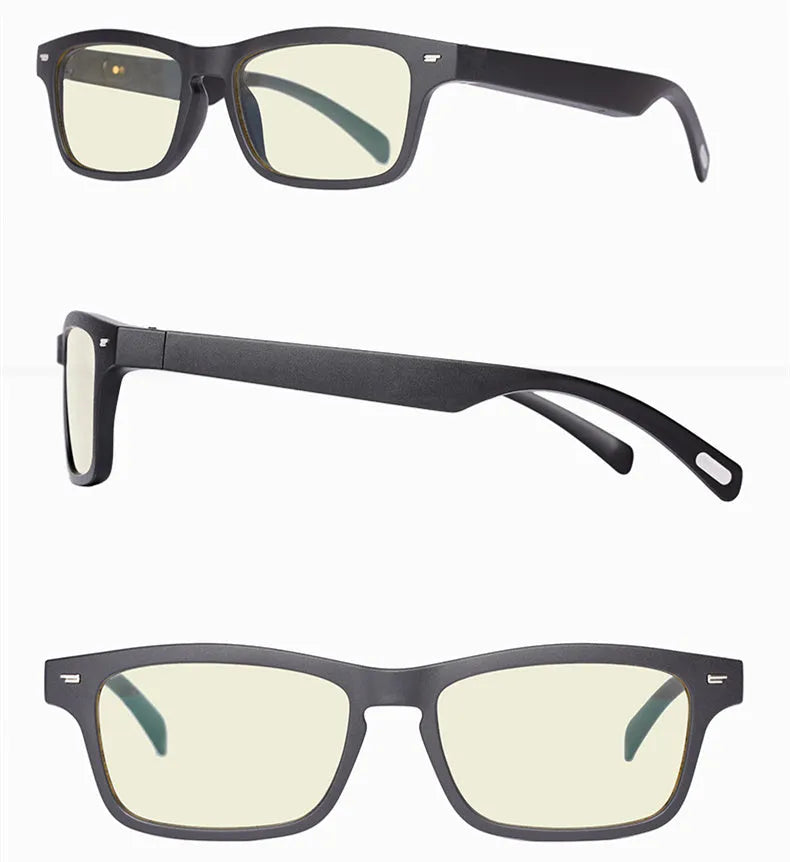 Smart Bluetooth glasses with semi-open audio speakers and UV-protective lenses on a PC+ABS frame.