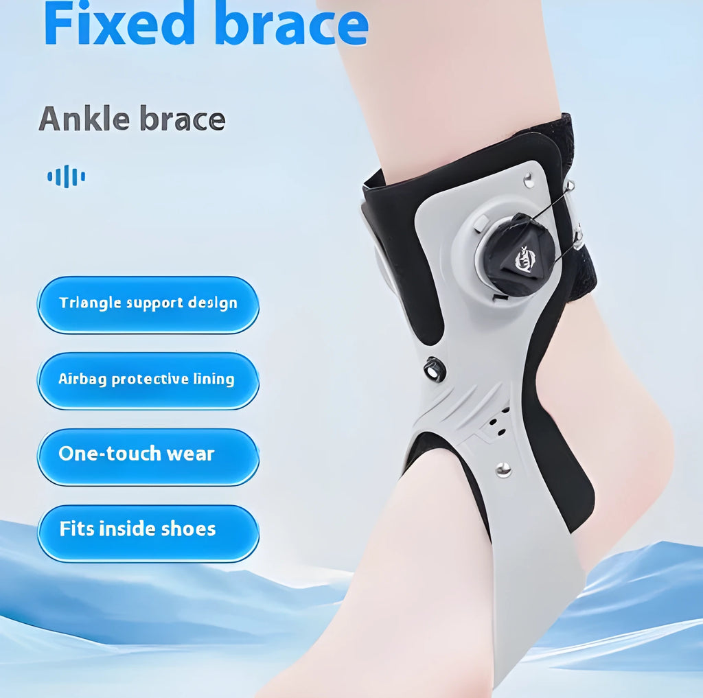 Grey ankle support brace with airbag button adjustment for training rehabilitation